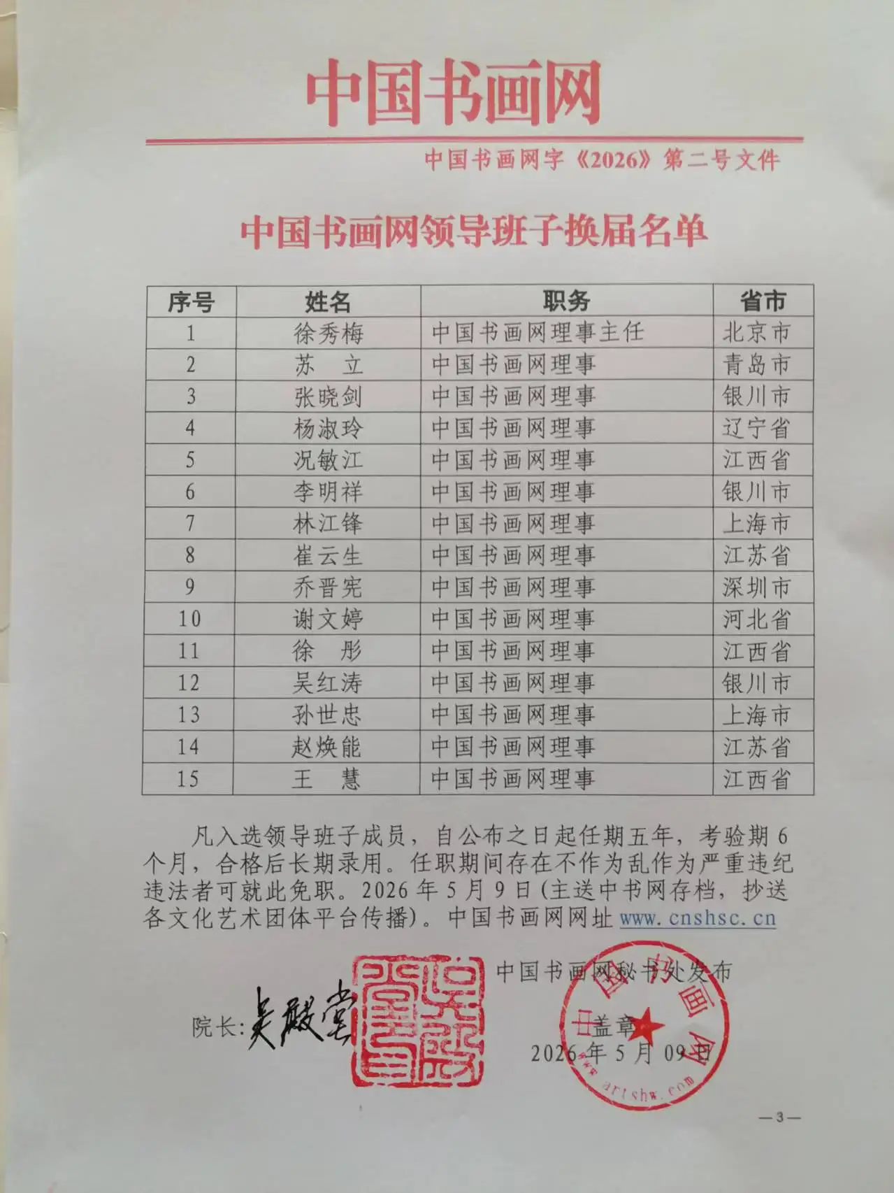 中国书画网领导班子换届名单